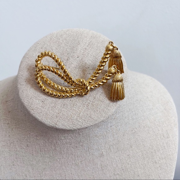 Vintage Gold Tone Twisted Rope Bow Dangling Tassel Statement Brooch - Picture 2 of 10